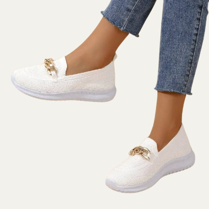 VogeLuxe | Women’s Knitted Slip On Loafers with Chain Detail