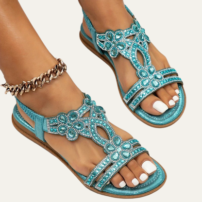 VogeLuxe | Women’s Open Toe Rhinestone T Strap Flat Sandal