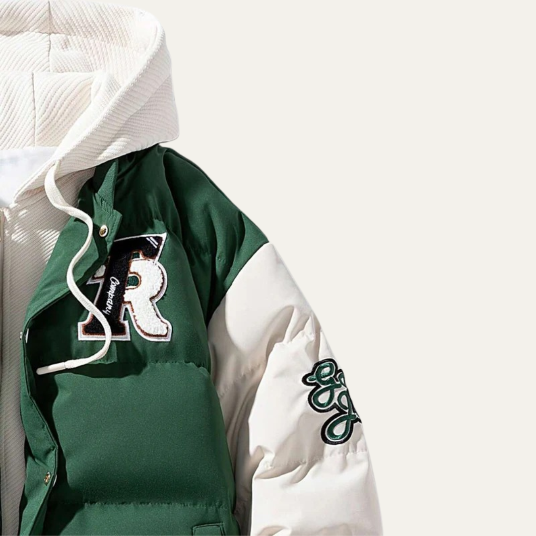 VogeLuxe | Men’s Varsity Style Puffer Jacket with Embroidered Graphics