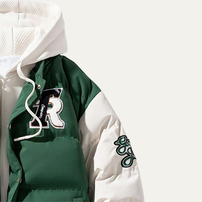 VogeLuxe | Men’s Varsity Style Puffer Jacket with Embroidered Graphics