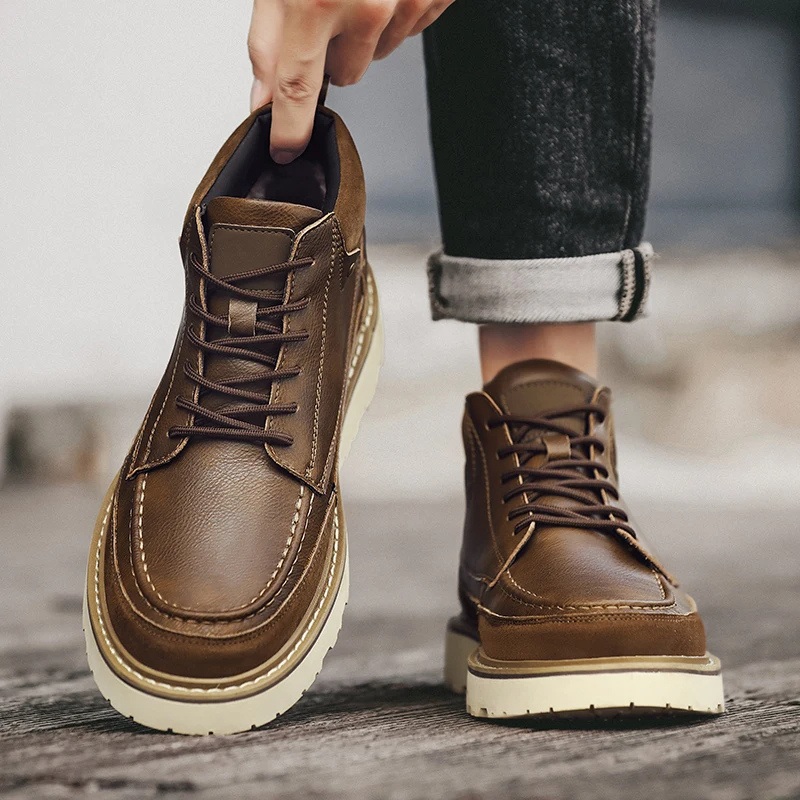 Classic Men's Vegan Leather Ankle Boots with Thick Soles