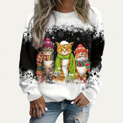 VogeLuxe | Women’s Winter Cats Printed Crewneck Sweater