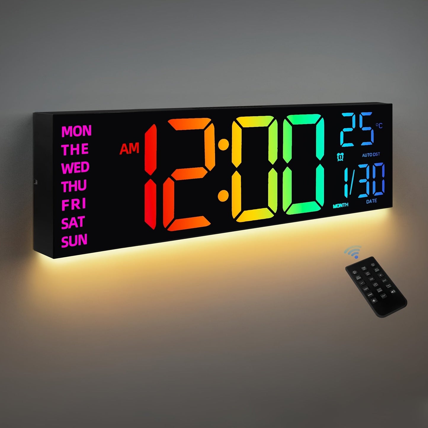 Large Colorful LED Wall Clock with Remote Control - VogeLuxe