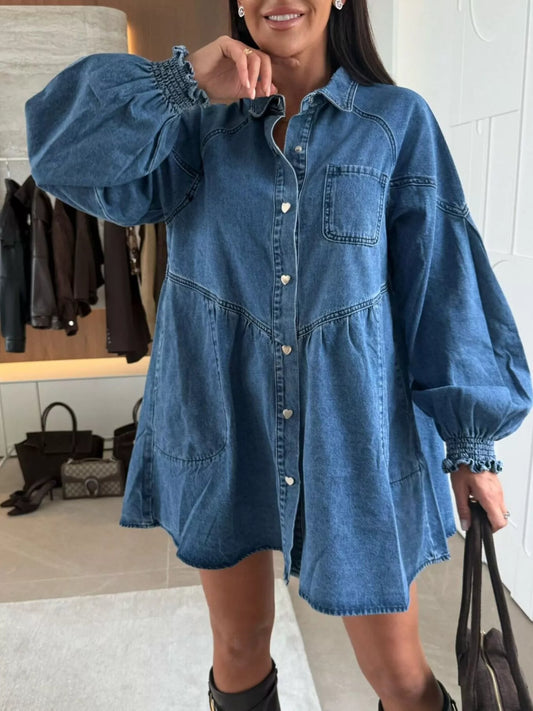 Casual Short Blue Jeans Dress with Pockets - VogeLuxe