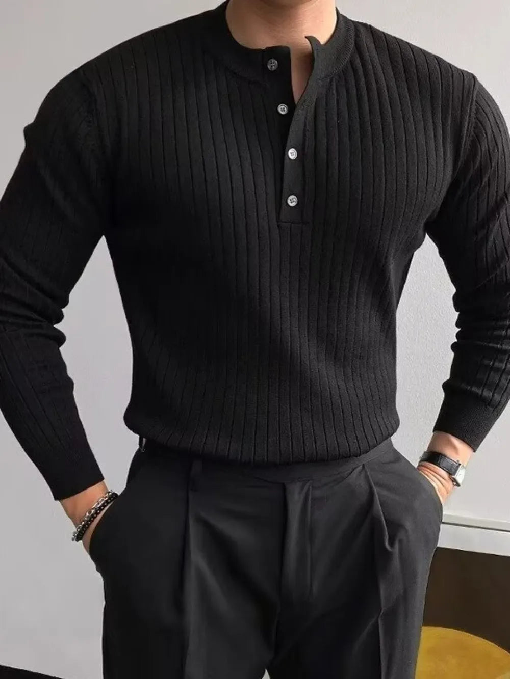 Textured Crew Neck Long Sleeve Men's Sweater