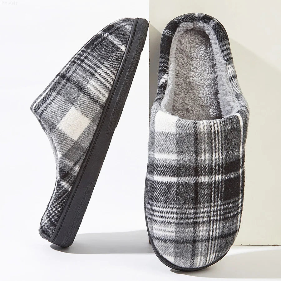Cozy Mens Plaid Slipper Shoes - Soft Warm Fleece Inside