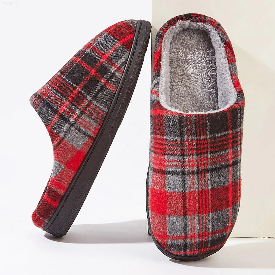 Cozy Mens Plaid Slipper Shoes - Soft Warm Fleece Inside
