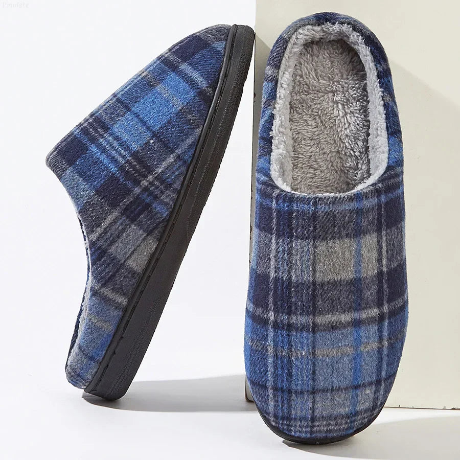 Cozy Mens Plaid Slipper Shoes - Soft Warm Fleece Inside