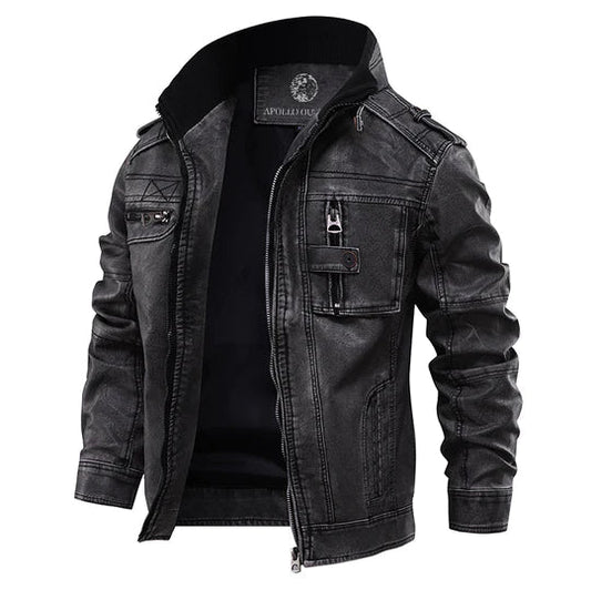 Classic Biker Leather Jacket with Zip Pocket - VogeLuxe