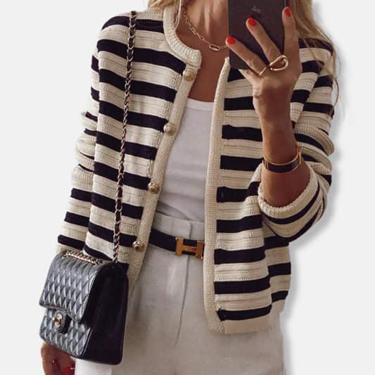 Amelia Classic Fit Cardigan | Striped Crewneck Button Front Cardigan 0