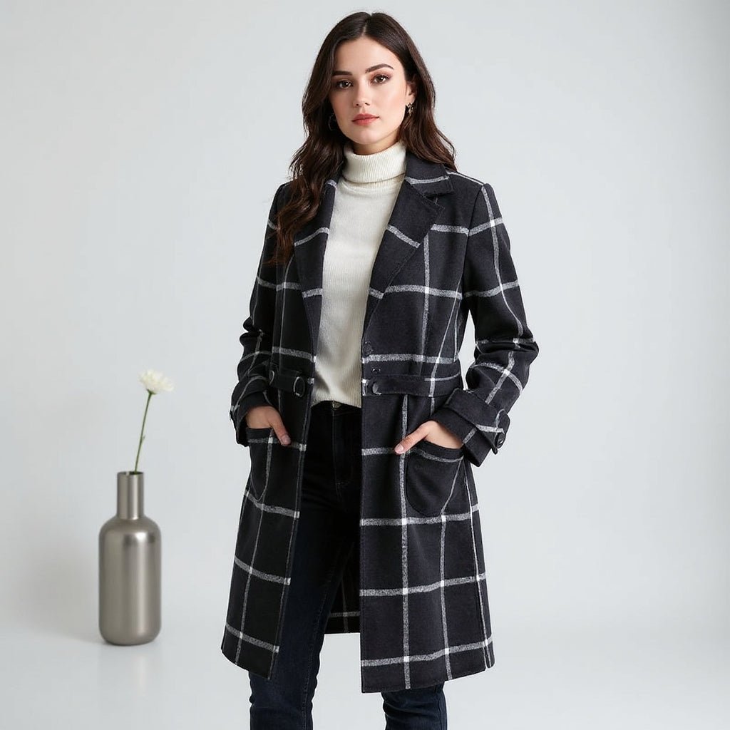 Classic Checked Woolen Coat For Women All Seasons
