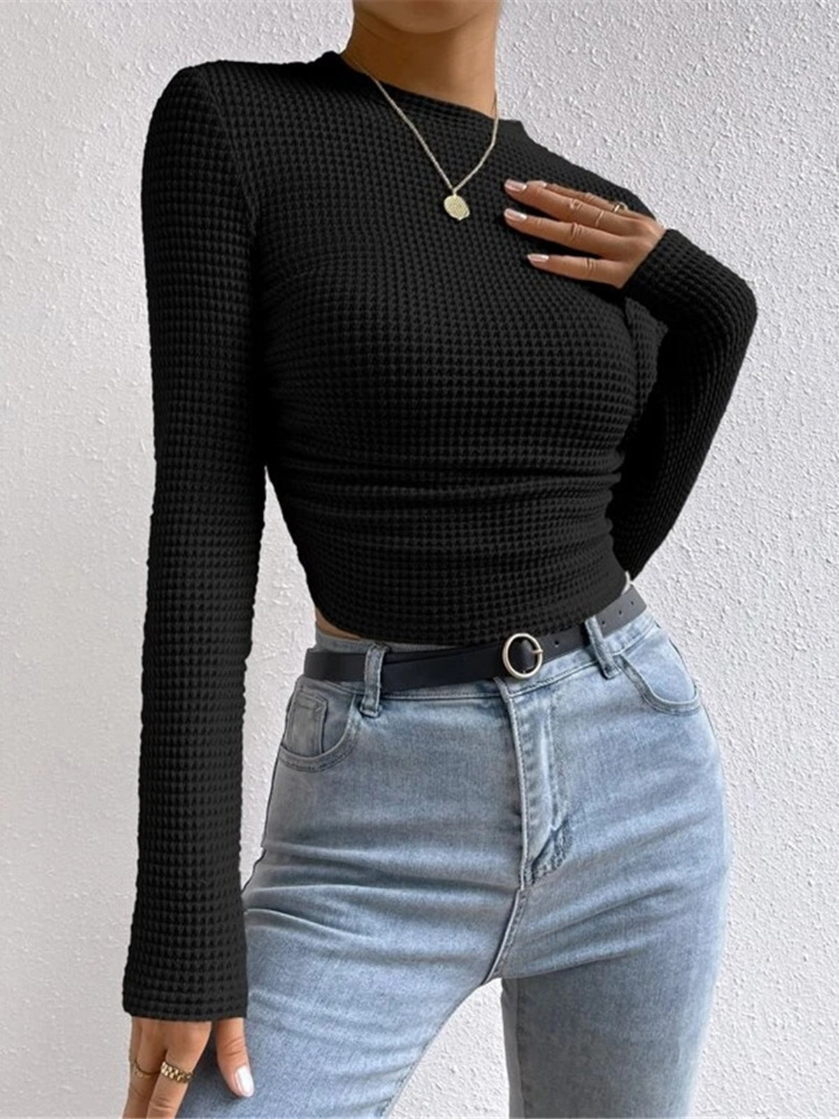 Soft Waffle Knit Women's Long Sleeve Fitted Top