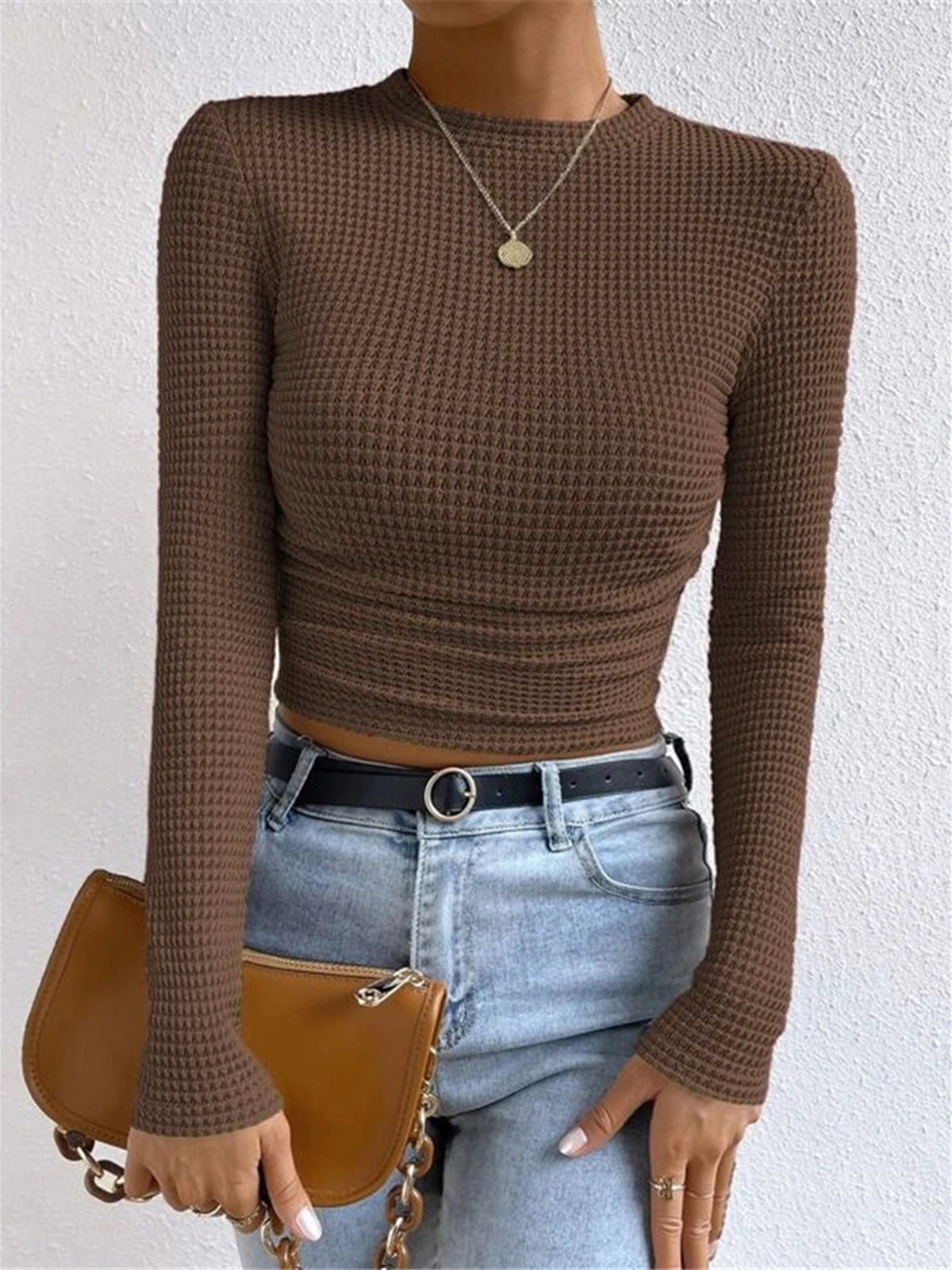 Soft Waffle Knit Women's Long Sleeve Fitted Top
