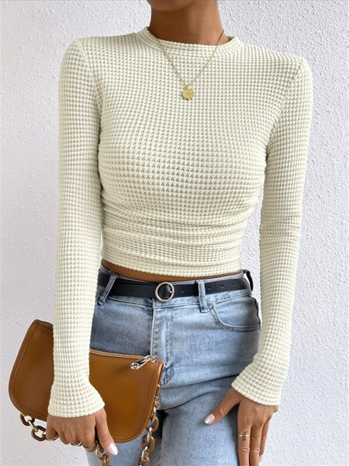 Soft Waffle Knit Women's Long Sleeve Fitted Top - VogeLuxe
