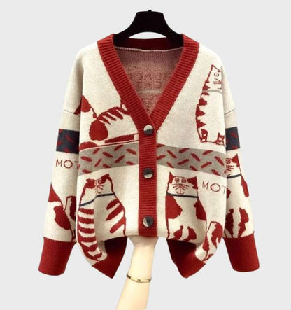 Cozy Women's Cat Pattern Sweater Cardigan - VogeLuxe
