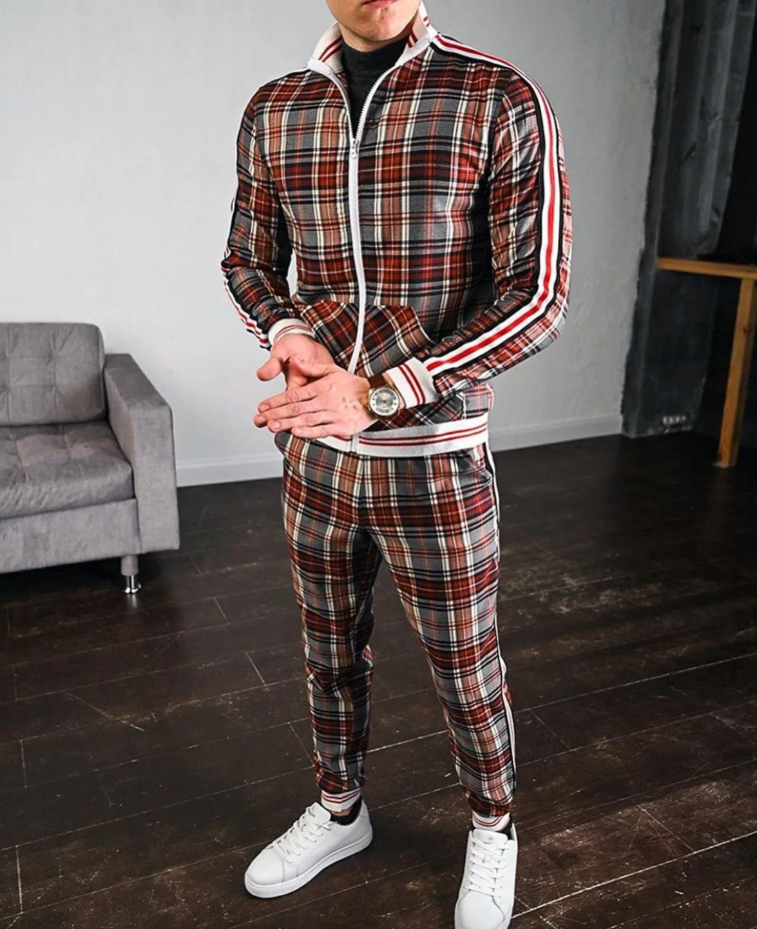 Men's Sporty Check Tracksuit Set with Contrast Cuffs