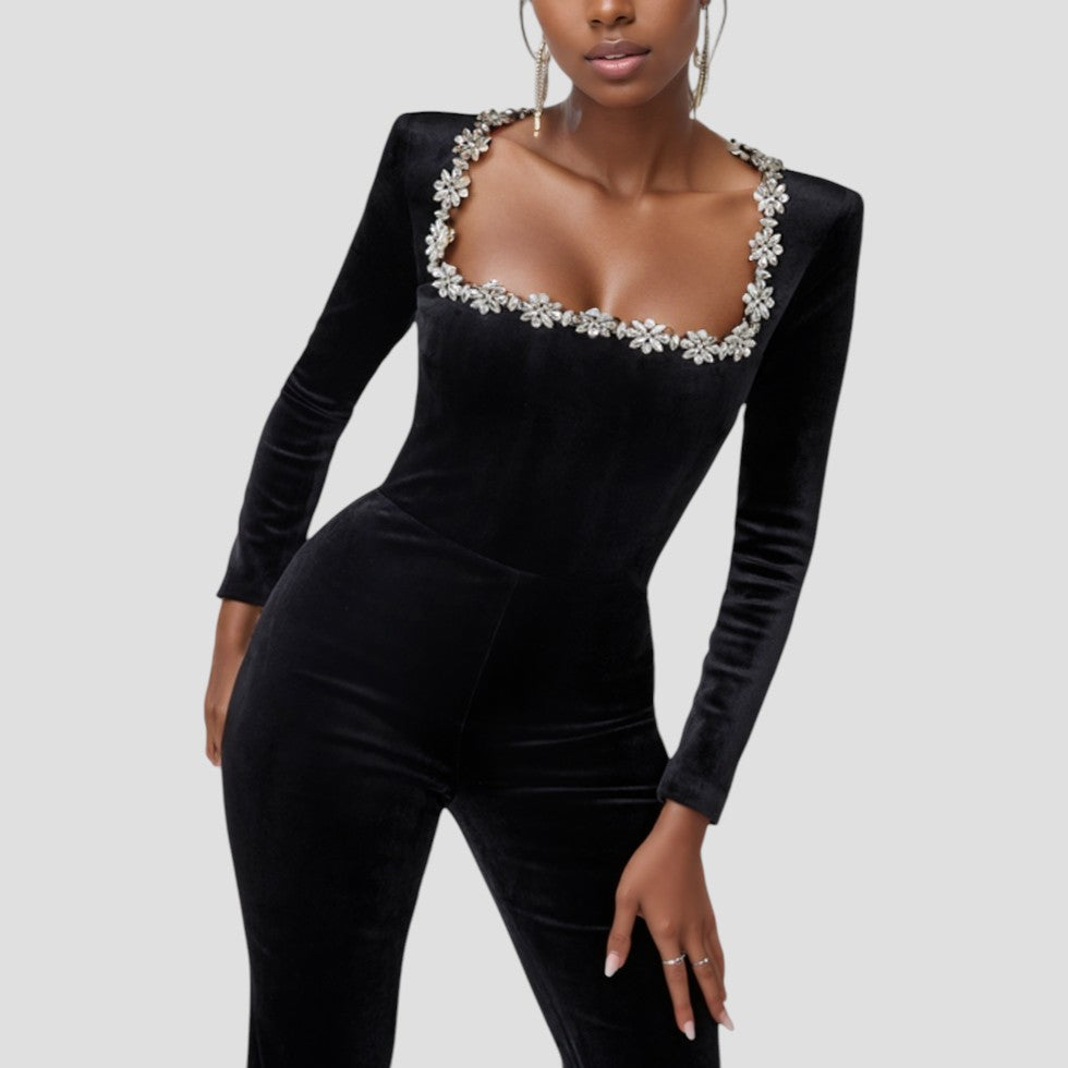 Black Jumpsuit with long sleeves and floral detail