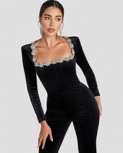 Black Jumpsuit with long sleeves and floral detail