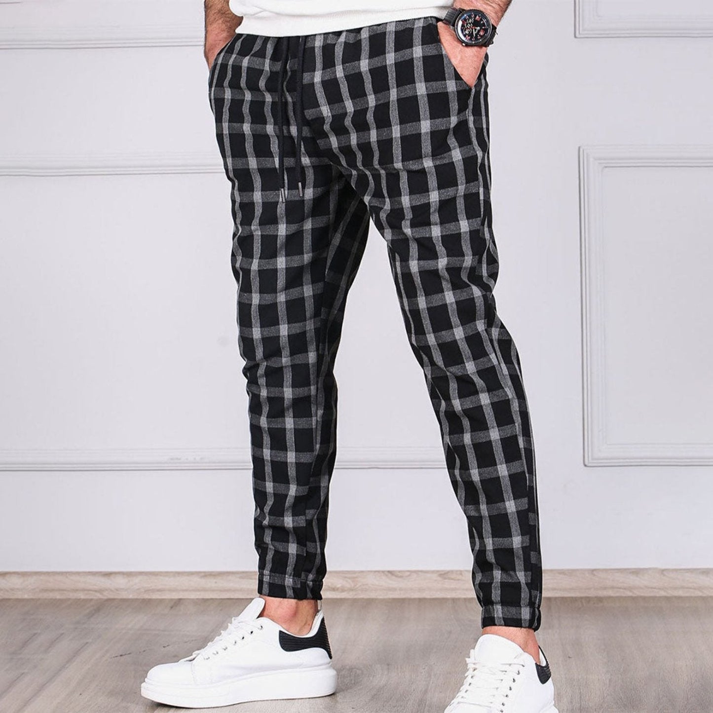 Relaxed Fit Plaid Trousers for Men