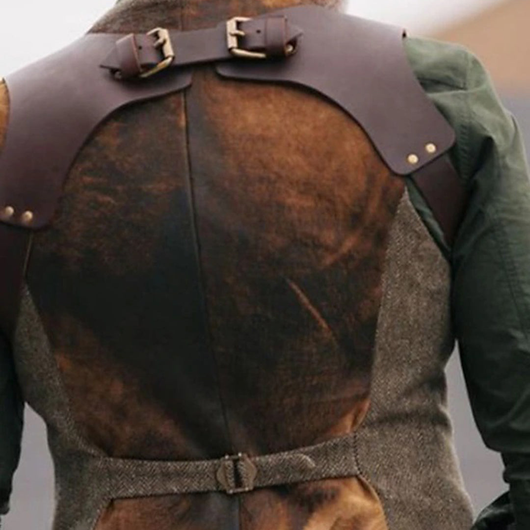 VogeLuxe | Men’s Tweed Button Down Waistcoat with Leather Harness Detail