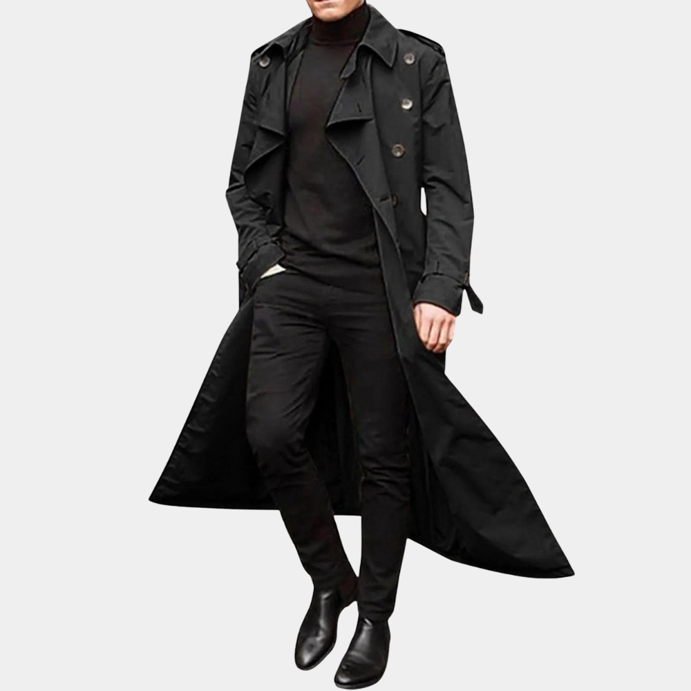 Men's Waterproof Double Breasted Long Coat with Belt
