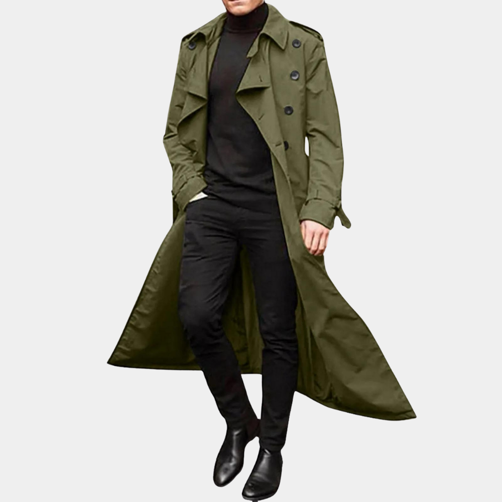 Men's Waterproof Double Breasted Long Coat with Belt