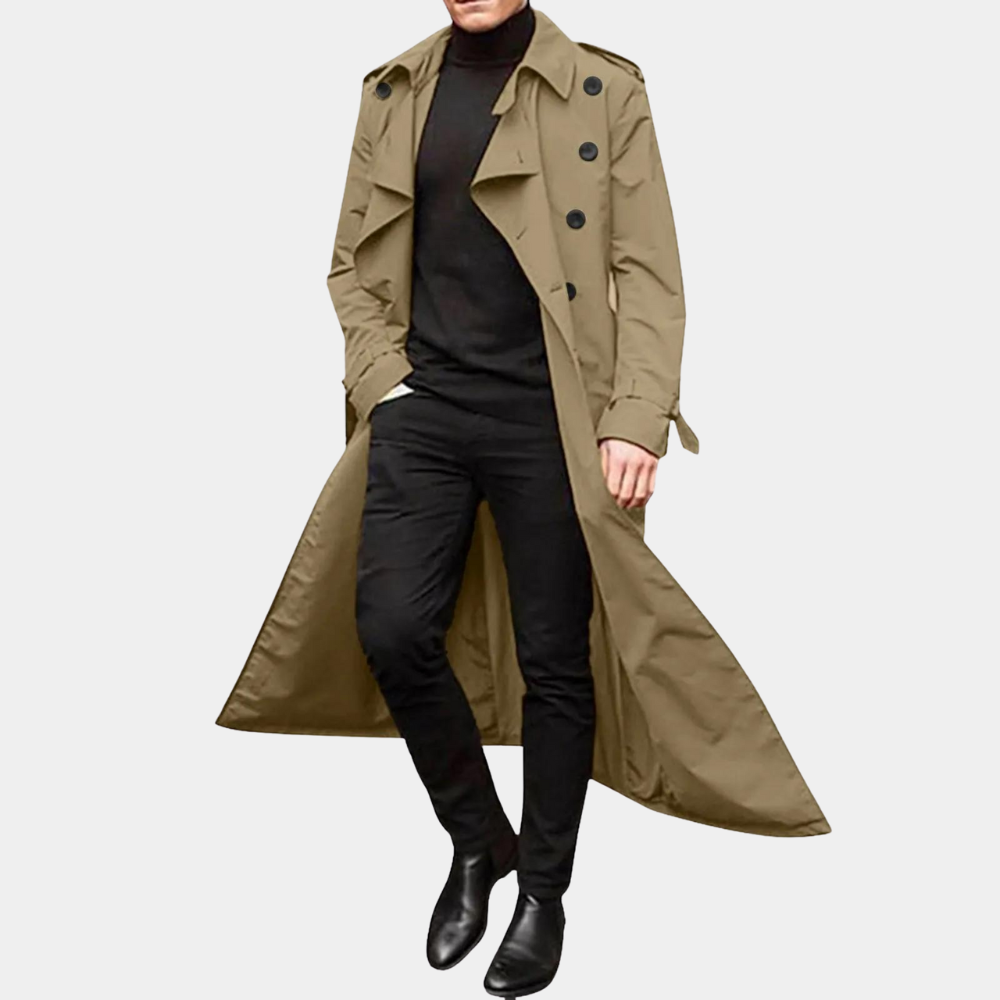 Men's Waterproof Double Breasted Long Coat with Belt