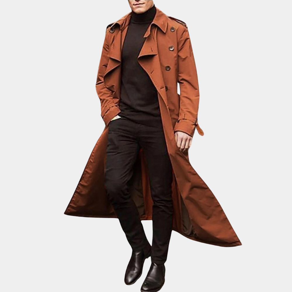 Men's Waterproof Double Breasted Long Coat with Belt - VogeLuxe