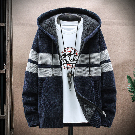 Warm Mens Hooded Fleece Jacket with Adjustable Hood - VogeLuxe
