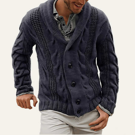 VogeLuxe | Men’s Thick Cable Knit Shawl Collar Cardigan