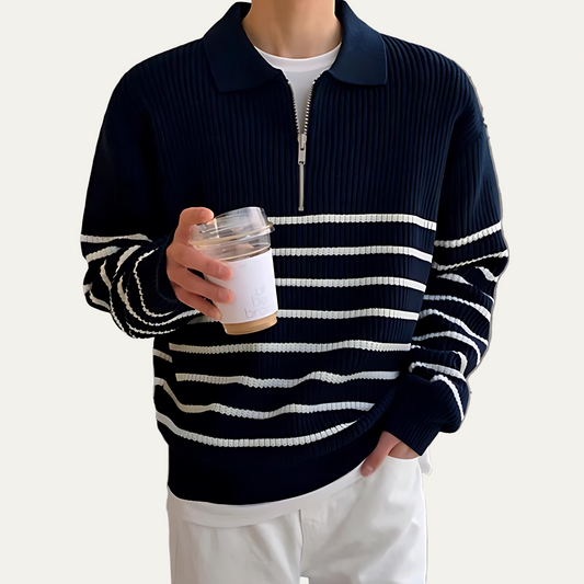 VogeLuxe | Men’s Striped Quarter Zip Polo Knit Sweater