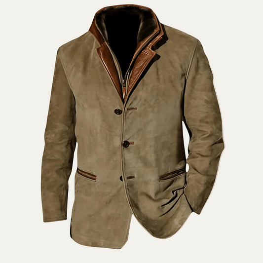 VogeLuxe | Men’s Suede Three Button Jacket with Layered Mock Neck Bib