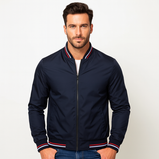 VogeLuxe | Men’s Striped Ribbed Collar Bomber Jacket