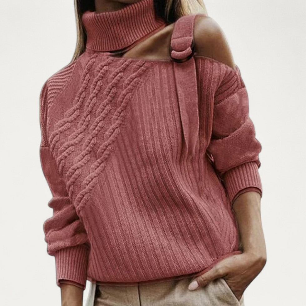 Cold Shoulder Cable Knit Turtleneck Jumper for Women 0