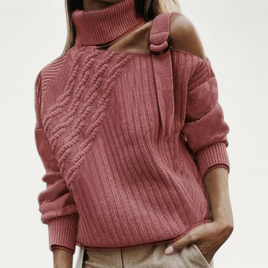 Cold Shoulder Cable Knit Turtleneck Jumper for Women 0