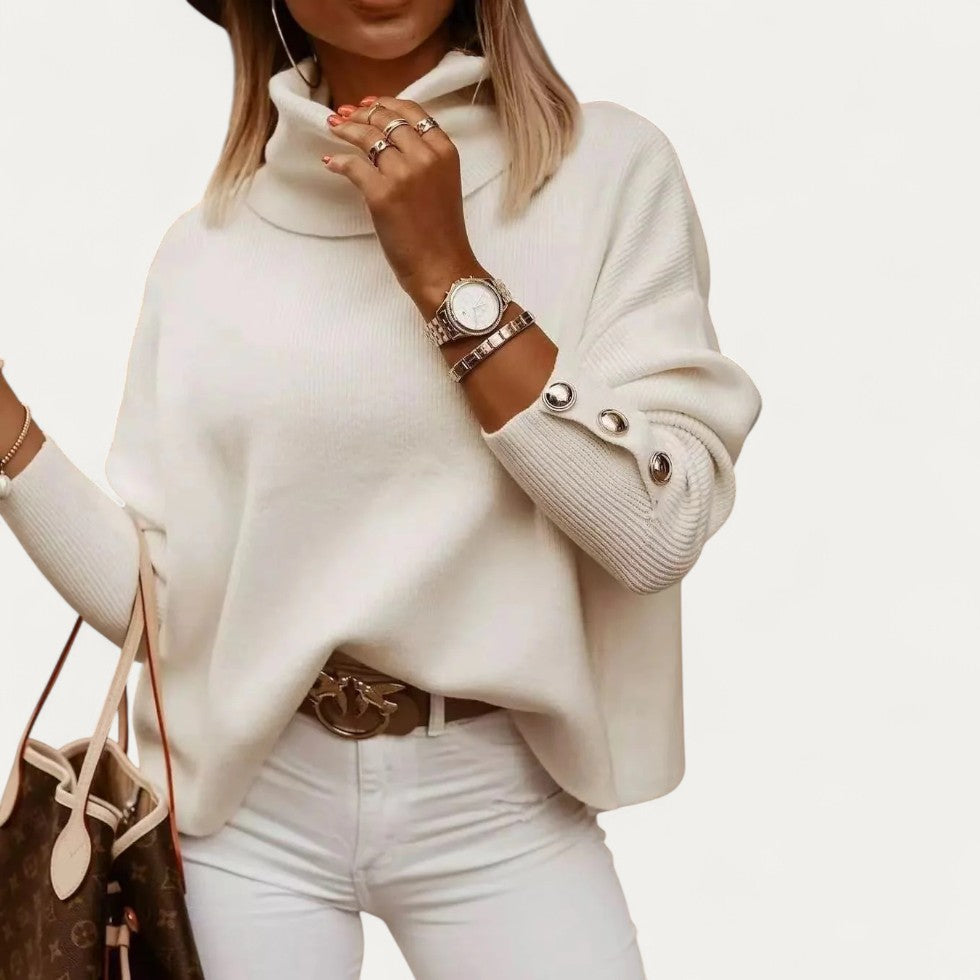 Cotton Blend Button Sleeve Turtleneck Jumper for Women 2