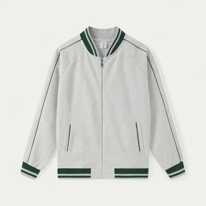 Cotton Blend Varsity Bomber Jacket with Striped Trim Detailing 1