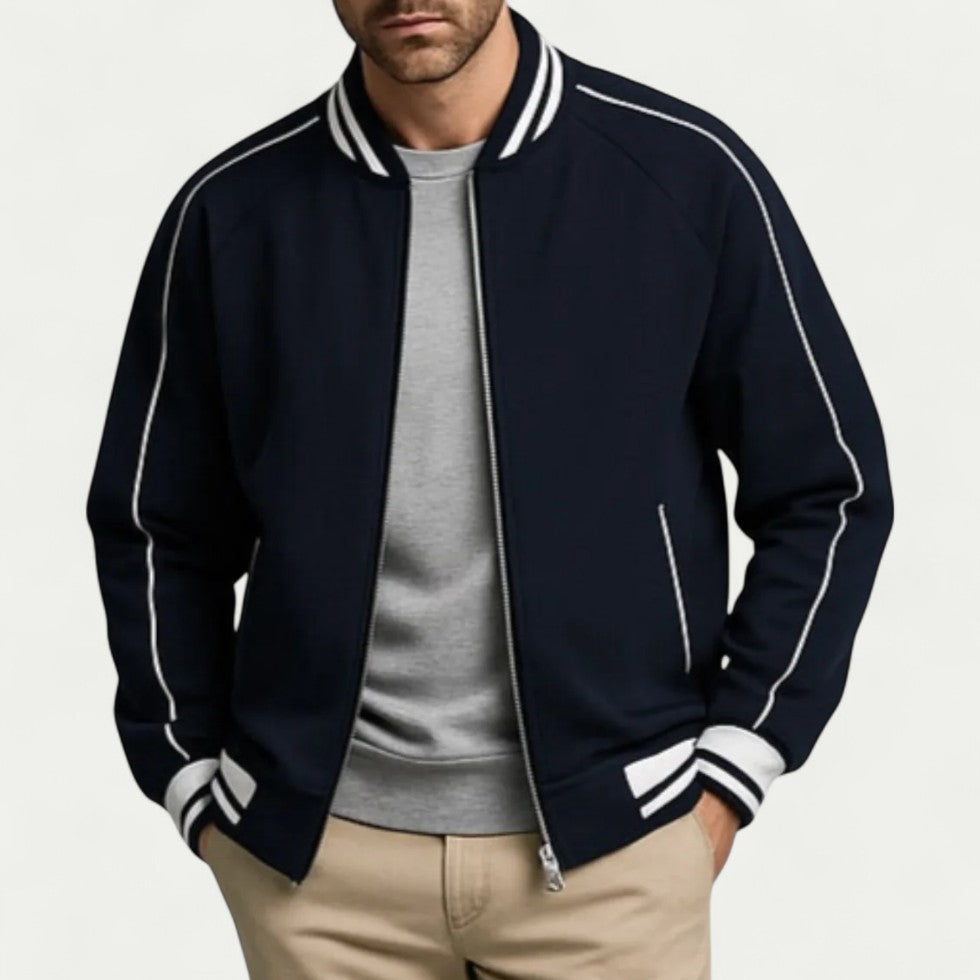 Cotton Blend Varsity Bomber Jacket with Striped Trim Detailing 6