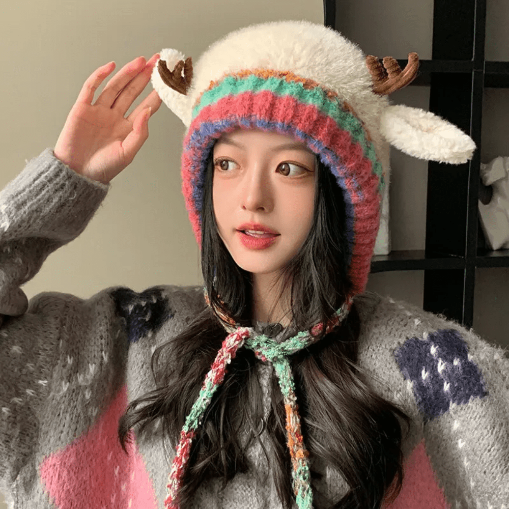 Warm Reindeer Knit Winter Beanie Hat Earflap