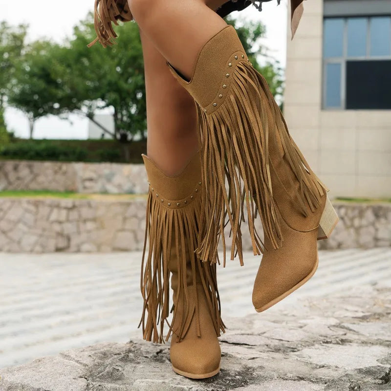 Fashionable Fringe Knee High Cowboy Boots - VogeLuxe