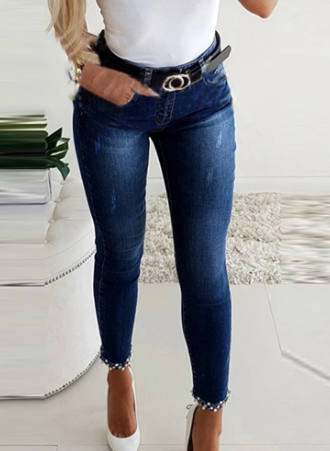Fashionable Embellished Slim Fit Pearl Jeans for Women