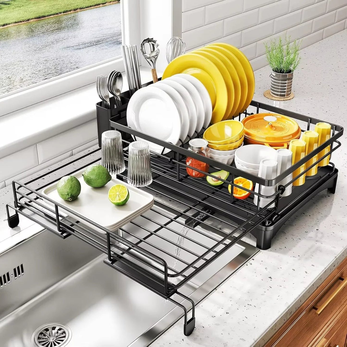 Space Saving Dish Rack with Built-In Cutlery Tray