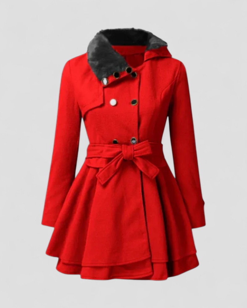 Double Breasted Belted Winter Coat With Fur Collar