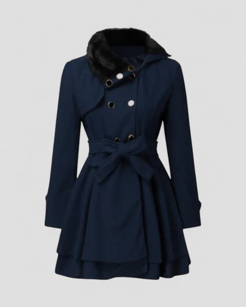 Double Breasted Belted Winter Coat With Fur Collar