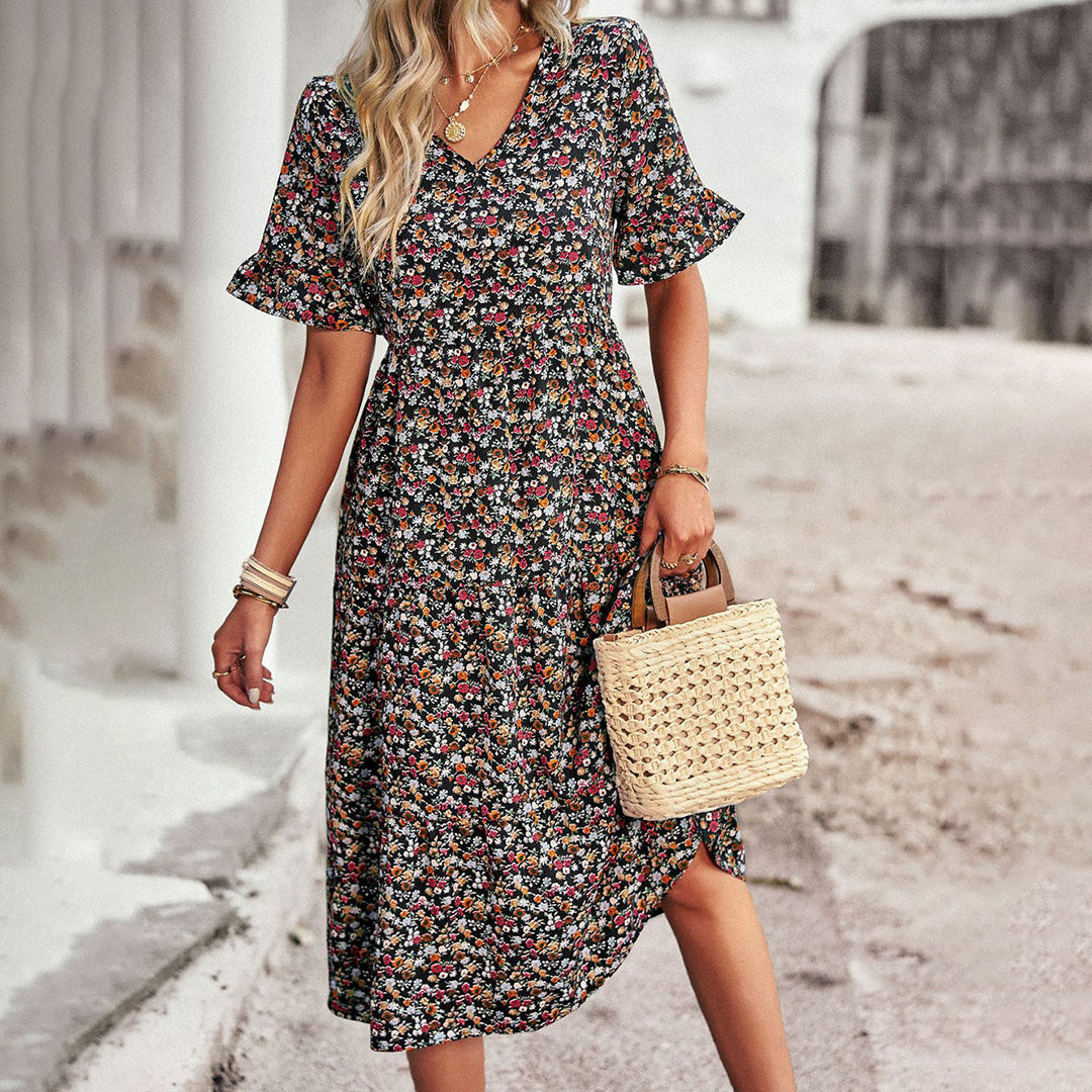 Elegant Flower Print Casual Dress for Ladies