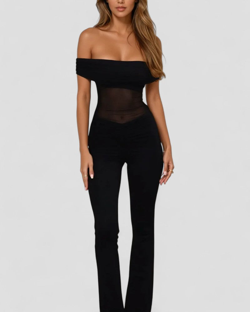 Elegant Off Shoulder Mesh Panel Bodycon Jumpsuit