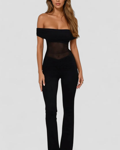 Elegant Off Shoulder Mesh Panel Bodycon Jumpsuit