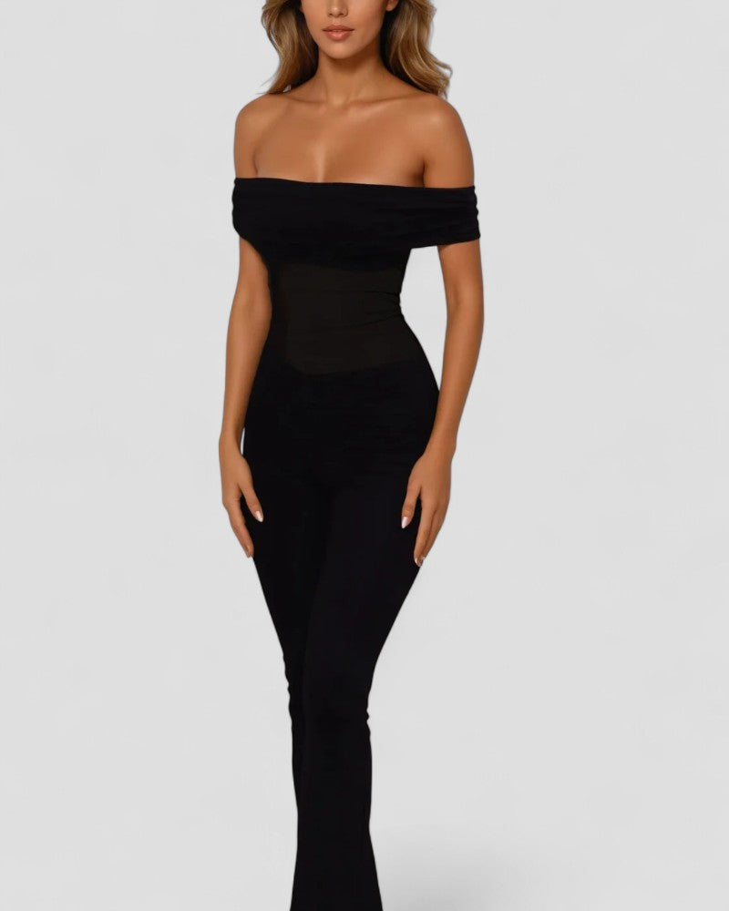 Elegant Off Shoulder Mesh Panel Bodycon Jumpsuit