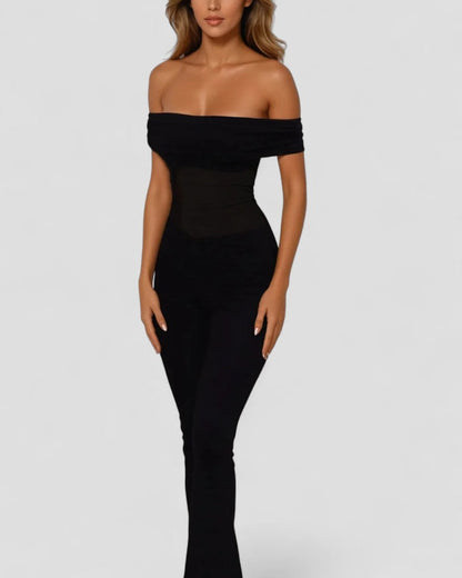 Elegant Off Shoulder Mesh Panel Bodycon Jumpsuit