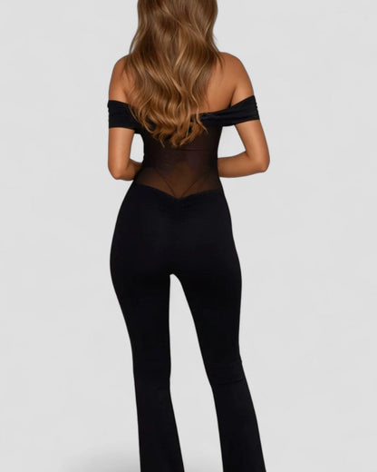 Elegant Off Shoulder Mesh Panel Bodycon Jumpsuit